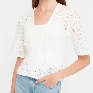 Express Eyelet Stretch Lace Kimono Button Up Peplum Top S NWT white